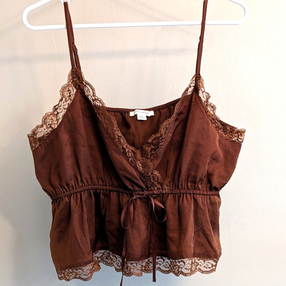 Aerie Brown Lace Detail Peplum tank